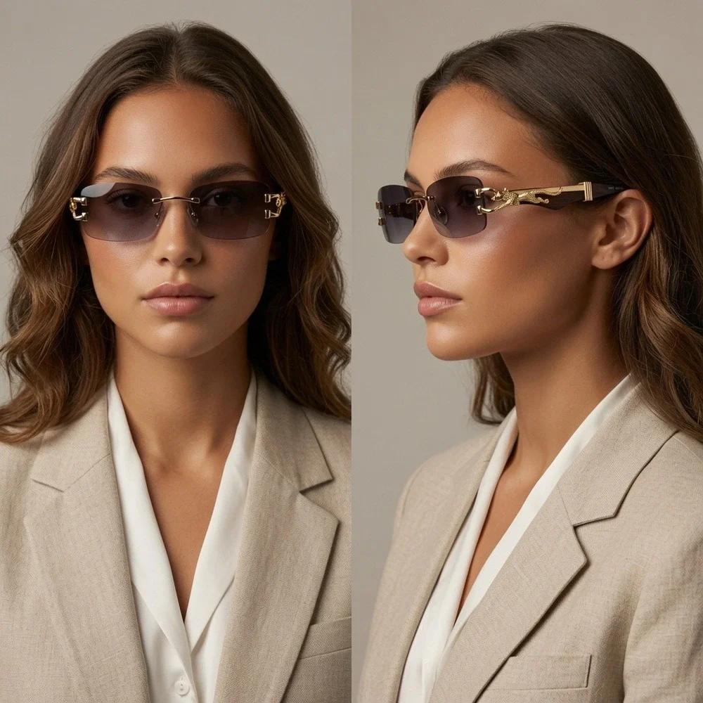 Womens Rimless Rectangle Sunglasses Gold Panther Wood Grain Black  Gradient Lens